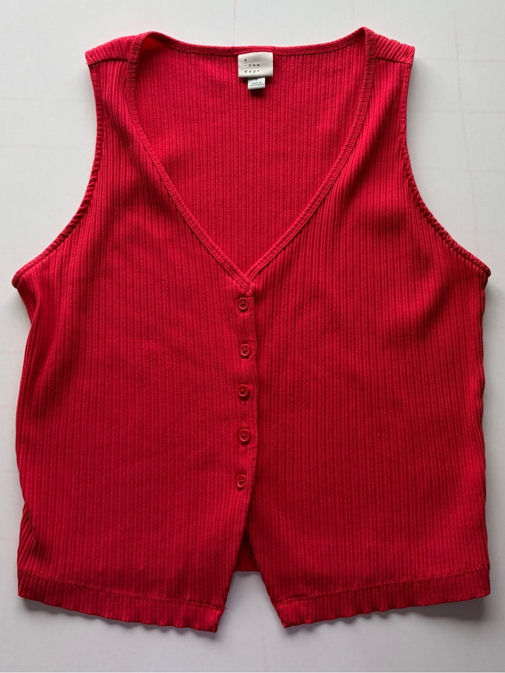 A New Day Sleeveless Button Up Red Vest Tank Top Womens Large V-neck Ribbed